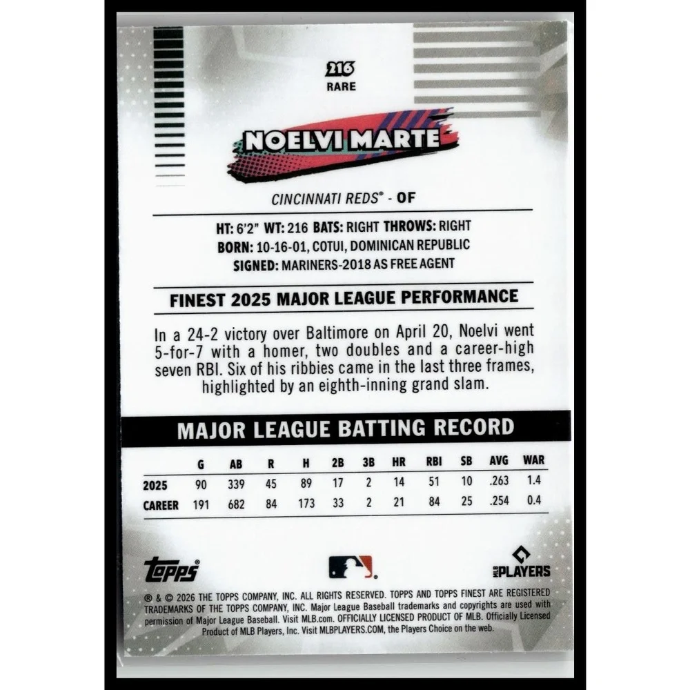 2026 Topps Finest Noelvi Marte #216 Cincinnati Reds RARE
